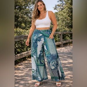 Chico’s Blue Teal Paisley Print Wide Leg Palazzo Pants Boho Pull On XL